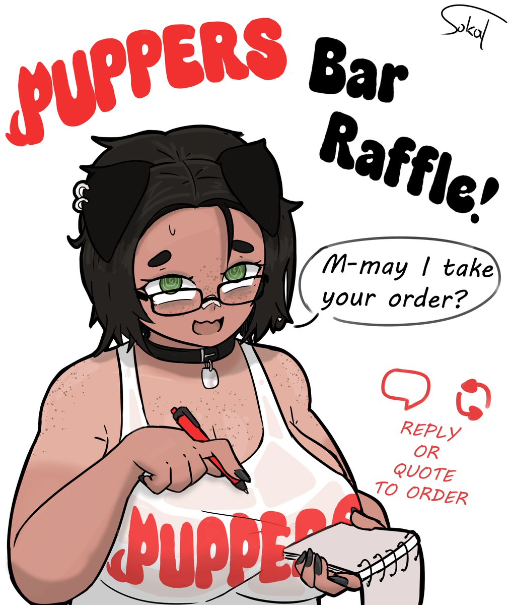 As promised, time for an #artraffle to celebrate 50 follows! 
The theme is a 'legaly distinct' bar chain :3

To participate: just quote or reply to this with the ref pic of your character (optional: pick staff or customer)

I'll pick 7 random winners at Oct. 24th. Good Luck!