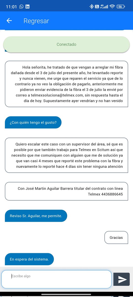 SteMen_117's tweet photo. @TELMEXSoluciona @Telmex desde el 3 de julio reporté la fibra de mi domicilio dañada, envie evidencia, no han venido a repararla, otra vez levante reporte hace 4 mismo problema que no resolvieron y siguen sin dar la atención a casi 4 meses de la solicitud original https://t.co/piWrLS0pkq