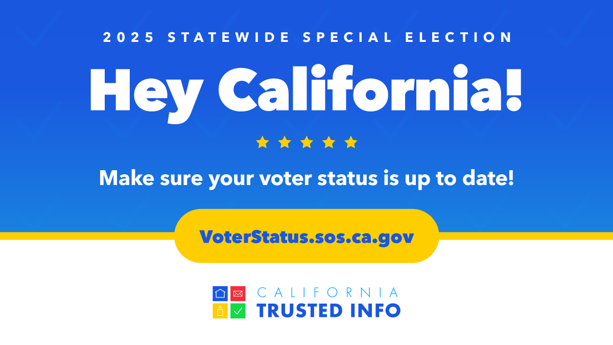 KernElections's tweet photo. All active voters have been sent a vote-by-mail ballot. If you haven’t received yours yet, make sure your voter status is up to date at  https://t.co/WVIwp5ahzV or call your county! #CATrustedInfo2025 #VoteCalifornia #kernvote https://t.co/KuL4ahJzmZ