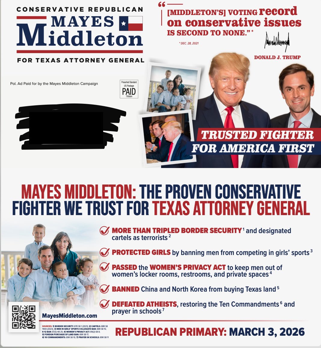 bradj_TX's tweet image. This @mayes_middleton mailer is hitting mailboxes across the state today for his #TXAG bid. #txlege