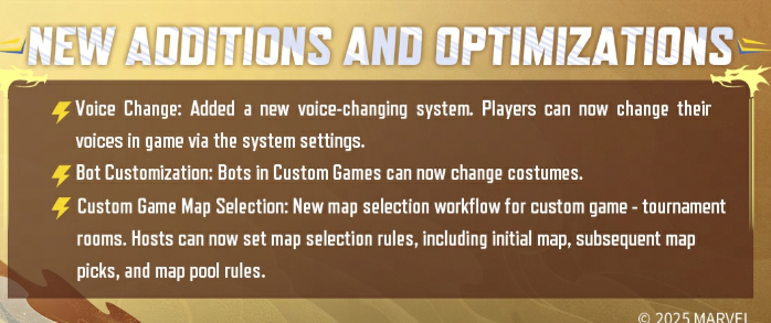 RivalsAssembled's tweet photo. ‼️VOICE CHANGER COMING TO MARVEL RIVALS 
Some new things are coming in tomorrows update: 
 1️⃣System voice changer can been chosen via settings. 
 2️⃣ Bots can now have costumes on 
 3️⃣Custom Game Map selection https://t.co/HKqm5r4KME
