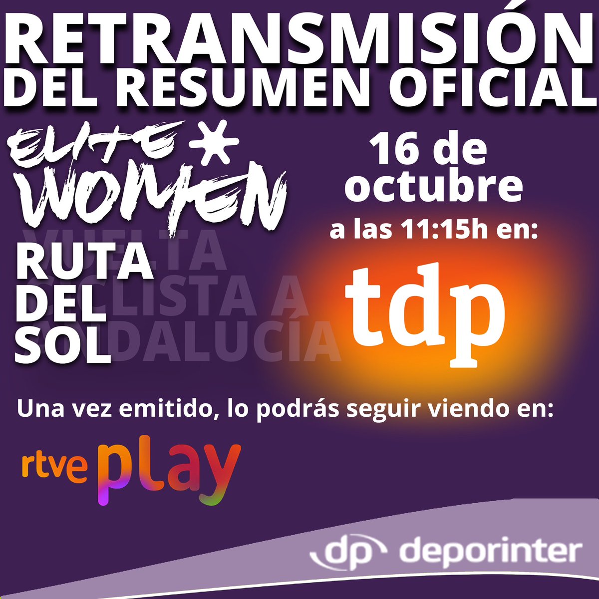 📅 Jueves 16 de octubre
🕚 A las 11:15h
📺 Teledeporte (TDP)

¡No te pierdas la retransmisión del resumen oficial de la **Vuelta Ciclista a Andalucía Elite Women – Ruta del Sol! 🚴‍♀️🌞

👉 Una vez emitido, podrás volver a verlo en RTVE Play.

#VueltaAndalucíaEliteWomen #RutaDelSol
