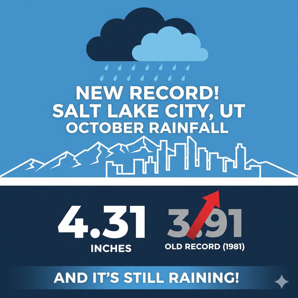 NateLarsenWX's tweet photo. 🚨New record for the most amount of rain ever recorded in October! October rainfall at Salt Lake Int. reached 4.31 inches as of Wednesday morning, breaking the 1981 record of 3.91 inches. And we'll continue to add to it with more rain on the way!
#utwx  #RecordRain @fox13 https://t.co/FBg3CFAAZJ
