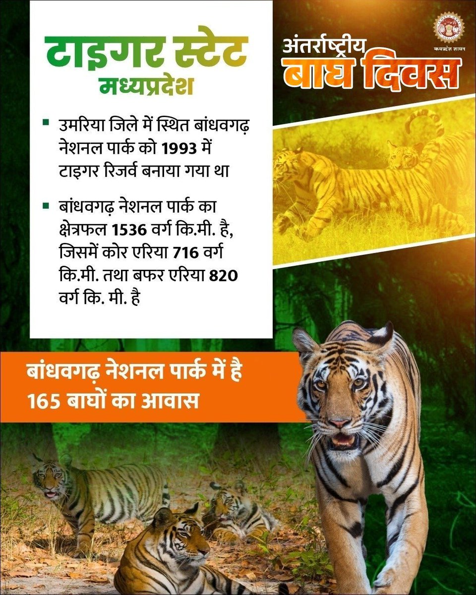 Department of Forest, MP (@minforestmp) on Twitter photo рдЯрд╛рдЗрдЧрд░ рд╕реНрдЯреЗрдЯ рдордзреНрдпрдкреНрд░рджреЗрд╢
рдмрд╛рдВрдзрд╡рдЧрдврд╝ рдиреЗрд╢рдирд▓ рдкрд╛рд░реНрдХ рдХреЛ 1993 рдореЗрдВ рдЯрд╛рдЗрдЧрд░ рд░рд┐рдЬрд░реНрд╡ рдХрд╛ рджрд░реНрдЬрд╛ рджрд┐рдпрд╛ рдЧрдпрд╛ рдерд╛ред
<a href="/DrMohanYadav51/">Dr Mohan Yadav</a>
<a href="/CMMadhyaPradesh/">Chief Minister, MP</a>
<a href="/JansamparkMP/">Jansampark MP</a>
<a href="/ntca_india/">National Tiger Conservation Authority</a>
<a href="/BandhavgarhTig2/">Bandhavgarh Tiger Reserve</a>
#InternationalTigerDay #TigerStateMadhyaPradesh рдЯрд╛рдЗрдЧрд░ рд╕реНрдЯреЗрдЯ рдордзреНрдпрдкреНрд░рджреЗрд╢
рдмрд╛рдВрдзрд╡рдЧрдврд╝ рдиреЗрд╢рдирд▓ рдкрд╛рд░реНрдХ рдХреЛ 1993 рдореЗрдВ рдЯрд╛рдЗрдЧрд░ рд░рд┐рдЬрд░реНрд╡ рдХрд╛ рджрд░реНрдЬрд╛ рджрд┐рдпрд╛ рдЧрдпрд╛ рдерд╛ред
<a href="/DrMohanYadav51/">Dr Mohan Yadav</a>
<a href="/CMMadhyaPradesh/">Chief Minister, MP</a>
<a href="/JansamparkMP/">Jansampark MP</a>
<a href="/ntca_india/">National Tiger Conservation Authority</a>
<a href="/BandhavgarhTig2/">Bandhavgarh Tiger Reserve</a>
#InternationalTigerDay #TigerStateMadhyaPradesh