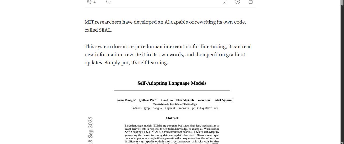 1967krish's tweet image. “🤯 MIT’s SEAL AI rewrites its own code to evolve solo! 40% better recall, beats GPT-4.1. Self-upgrading AI is here—ready for it?  #MITAI #SelfImprovingAI