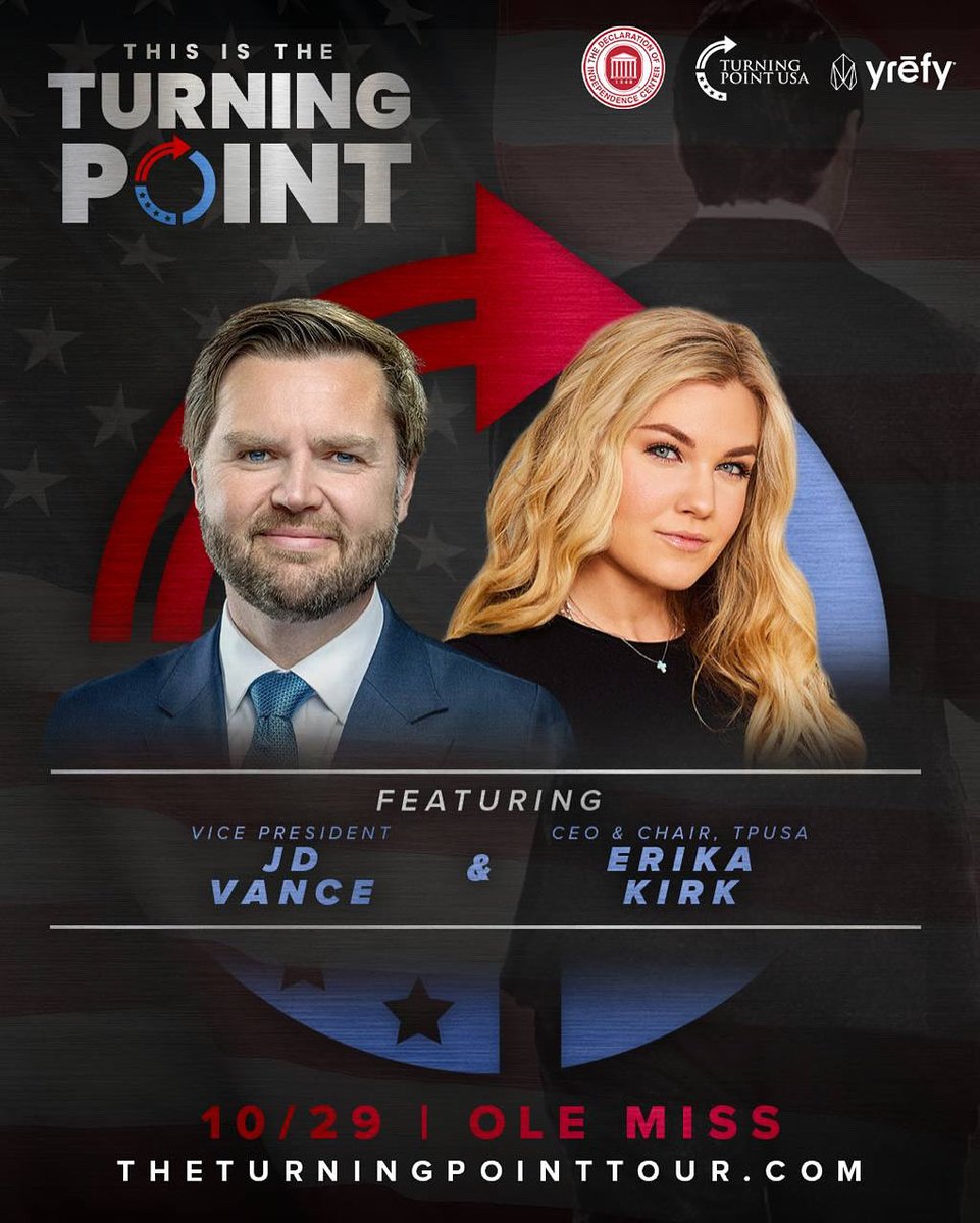 🛑BREAKING NEWS🛑
Turning Point USA just announced their event at OLE MISS will feature Vice President J.D. VANCE &amp; Erika Kirk as featured speakers!! This is massive!!