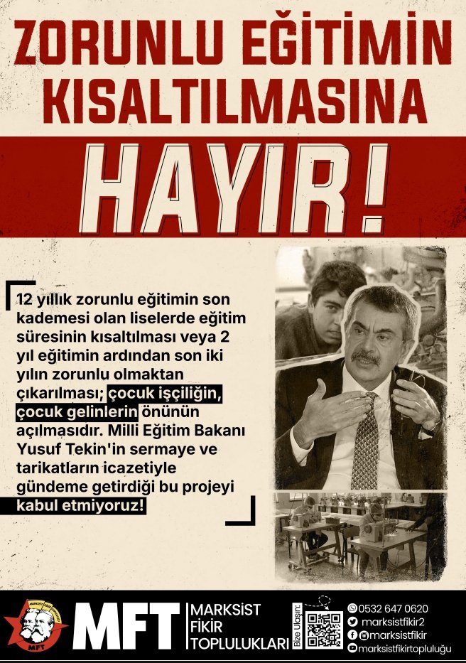 Zorunlu eğitimi kısaltarak çocuk gelinlerin, çocuk işçilerin ve ucuz emeğin önünü açmak isteyenlere hayır diyoruz! Yusuf Tekin'in sermaye ve tarikatların icazetiyle gündeme getirdiği bu projeyi kabul etmiyoruz!

Zorunlu Eğitimin Kısaltılmasına Hayır!
