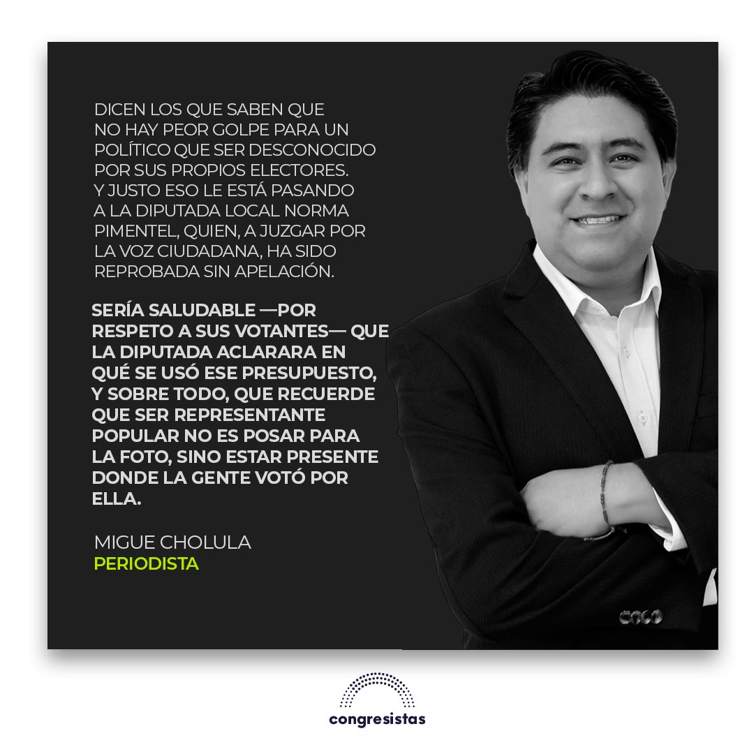 CongresistasMex's tweet image. 📑 ¡Migue Cholula [@MigueCholula] escribe el desempeño de la diputada local Norma Pimentel [@NormaPimentelMx] que es prácticamente desconocida por los habitantes de las juntas auxiliares de Puebla que conforman su distrito, como Romero Vargas, La Libertad y San Jerónimo Caleras!…