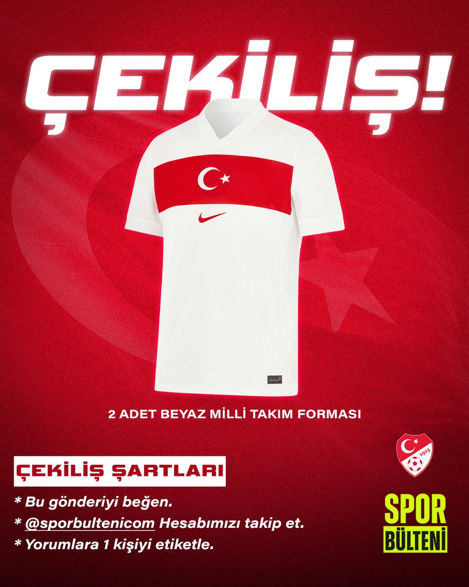 🎉 ÇEKİLİŞ ZAMANI! 🎉

2 Kişiye BEYAZ MİLLİ TAKIM FORMASI hediye ediyoruz! 🇹🇷⚽️

Katılım Şartları:
1️⃣ Bu gönderiyi beğen ❤️
2️⃣ <a href="/sporbultenicom/">Spor Bülteni</a> hesabını takip et 
3️⃣ Yorumlara 1 kişiyi etiketle 👥

Kazananlar 20 Ekim’de açıklanacak! 🗓️
Bol şans!