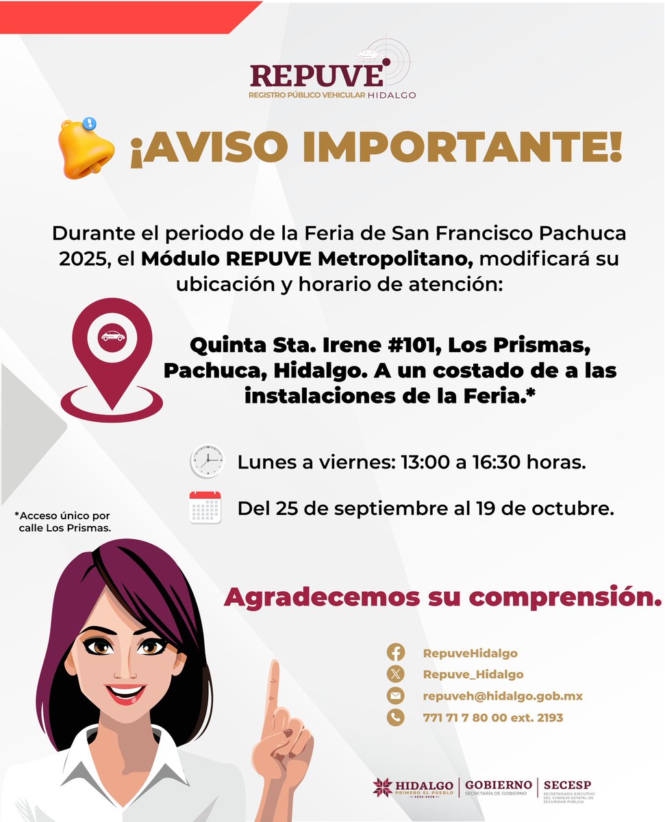 Repuve_Hidalgo's tweet image. 📢 ¡Amigas y amigos de Pachuca y sus alrededores!
Te recordamos que, durante la Feria San Francisco 2025, el Módulo REPUVE Metropolitano, modifica su ubicación y horario de atención.
📍 El trámite es rápido, sencillo y totalmente gratuito.
#REPUVE #PrimeroElPueblo