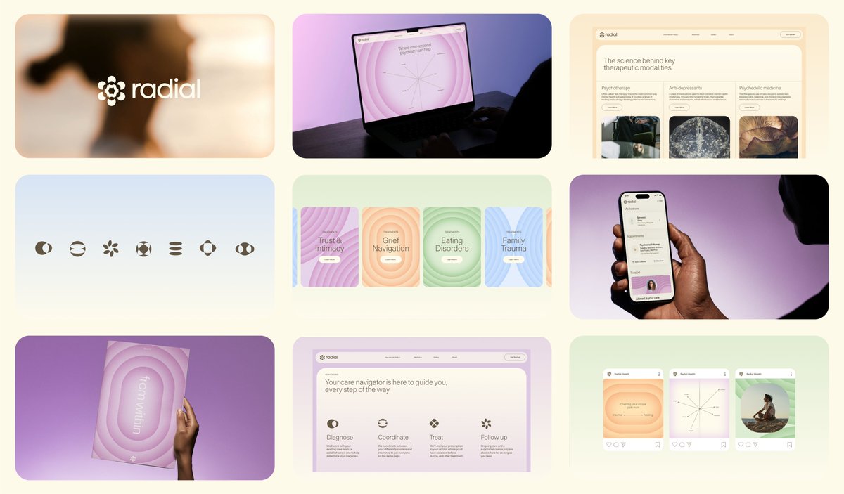 jstrelioff's tweet image. Some of my favorite brands we've created recently @Goodside_Studio 🧵
1. Radial Health—We worked with the Radial team to develop a brand strategy, name, and brand identity to support their transformative work in the mental healthcare system: goodside.studio/work/radial-he…