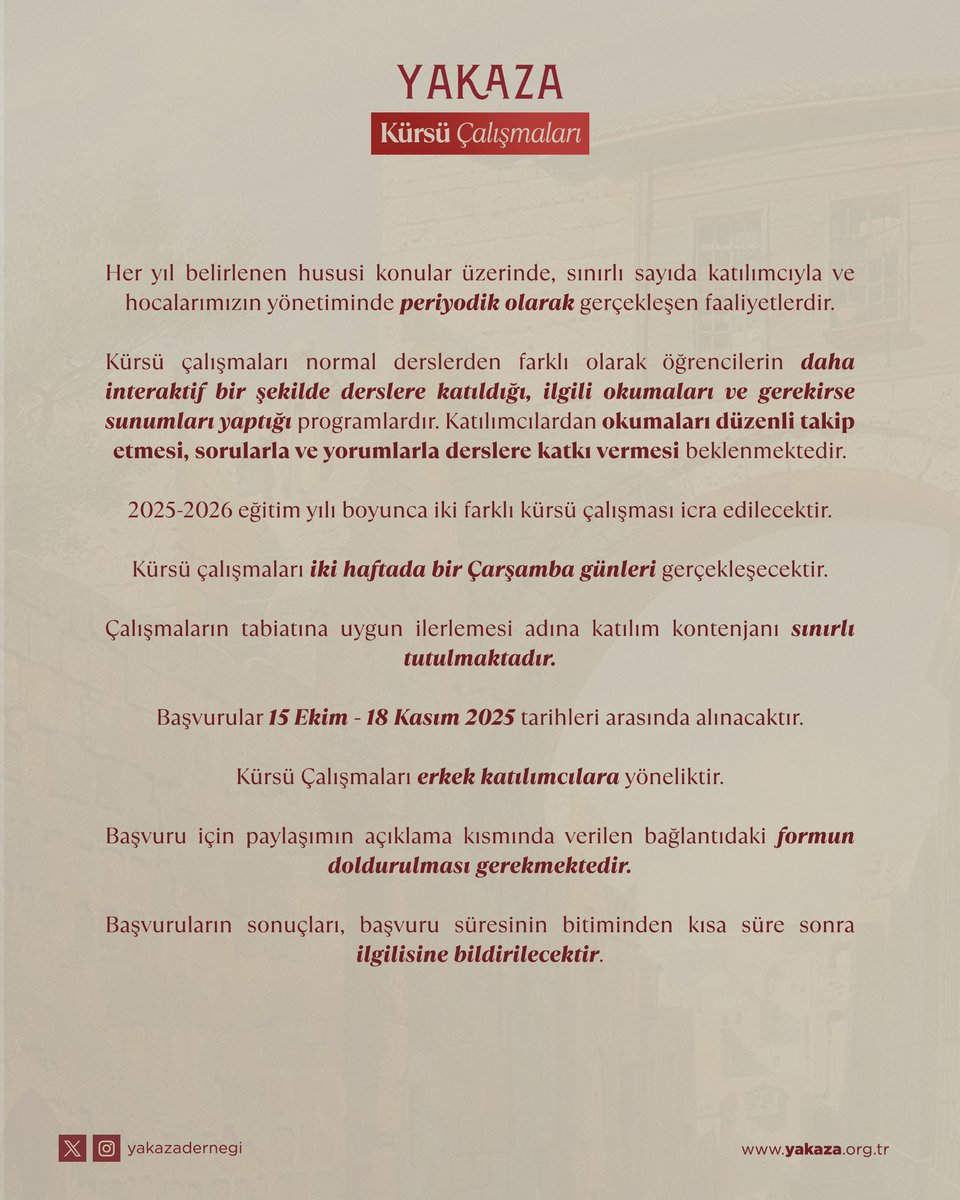 🗺️ Yakaza Kürsü Programları Başlıyor! 

İlgili konularda ihtisaslaşmaya dayanan Kürsü Programları başvuruları başladı. 

<a href="/mikbalkoseoglu/">M.İkbal Köseoğlu</a> 

Son Tarih: 18 Kasım Pazar 

🔗 Programa yakaza.org.tr sitesinden başvurabilirsiniz.
