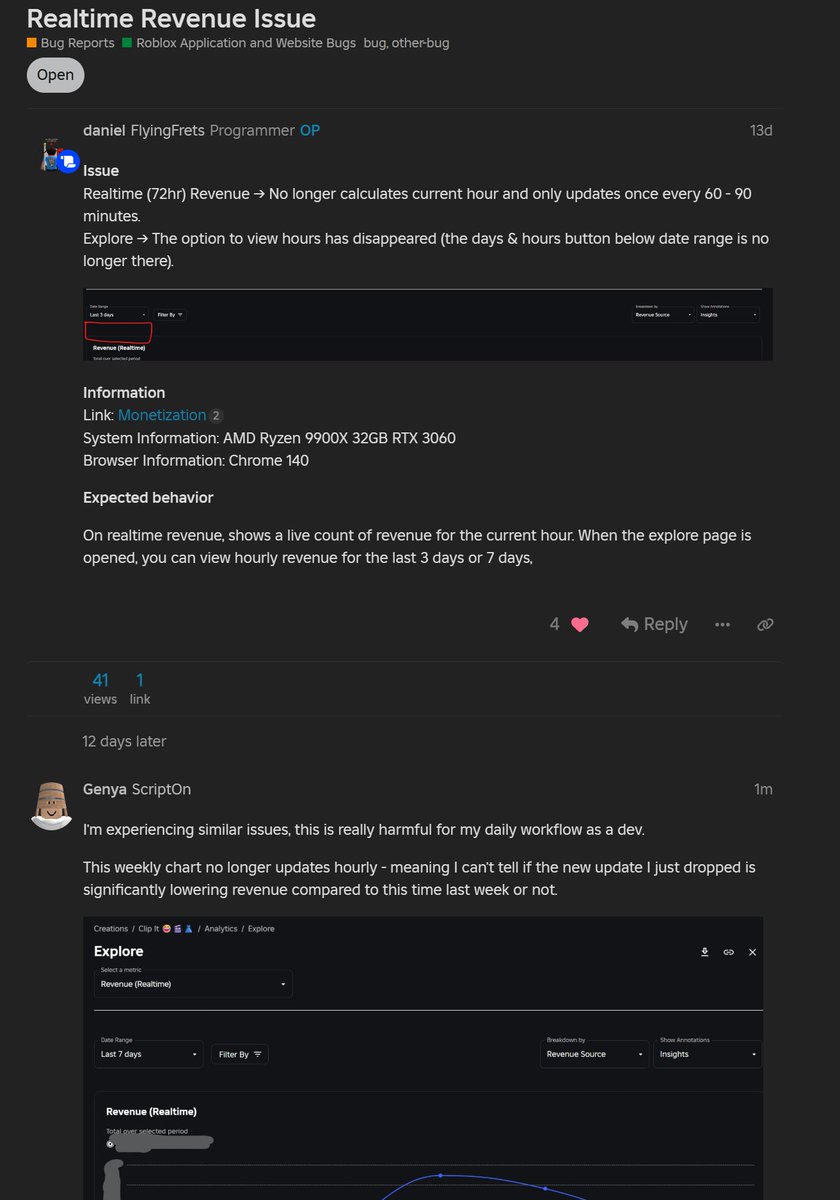 ScriptOnRoblox's tweet image. Recently Roblox has made a really frustrating change that massively nerfed monetization analytics. Here's some details, please leave some support if you are impacted by this as well
Dev forum link:
devforum.roblox.com/t/realtime-rev…