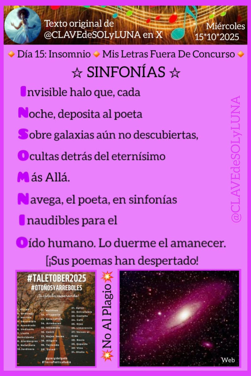 Armando (@armando19328045) on Twitter photo <a href="/CLAVEdeSOLyLUNA/">Clave de Sol y Luna</a> <a href="/yioryidelgado/">Yioryi Delgado</a> <a href="/TierraPoeticaRa/">Tierra Poética Radio</a> <a href="/emilio_bravo__/">Emilio R. Bravo🖊📖</a> <a href="/Luztintalavanda/">📚 Luz | Creadora de Contenido</a> <a href="/acrstico2/">*ACRÓSTICO*✍️</a> <a href="/alma_lieben/">Alma Reséndiz</a> <a href="/Cuba_Trovador/">Trovador🪕</a> <a href="/Lucia0102cuba/">Lucía</a> <a href="/Yebrajuancarlos/">Juan Carlos Yebra</a> Llegas con verso y sabor 
y te llueven los encomios 
nunca es malo el insomnio 
si lo acompaña el amor 
si en la misma dimensión 
orbitan poema y lirismo 
pues bienvenido el sinfonismo 
en el pulso de Clave de Sol <a href="/CLAVEdeSOLyLUNA/">Clave de Sol y Luna</a> <a href="/yioryidelgado/">Yioryi Delgado</a> <a href="/TierraPoeticaRa/">Tierra Poética Radio</a> <a href="/emilio_bravo__/">Emilio R. Bravo🖊📖</a> <a href="/Luztintalavanda/">📚 Luz | Creadora de Contenido</a> <a href="/acrstico2/">*ACRÓSTICO*✍️</a> <a href="/alma_lieben/">Alma Reséndiz</a> <a href="/Cuba_Trovador/">Trovador🪕</a> <a href="/Lucia0102cuba/">Lucía</a> <a href="/Yebrajuancarlos/">Juan Carlos Yebra</a> Llegas con verso y sabor 
y te llueven los encomios 
nunca es malo el insomnio 
si lo acompaña el amor 
si en la misma dimensión 
orbitan poema y lirismo 
pues bienvenido el sinfonismo 
en el pulso de Clave de Sol