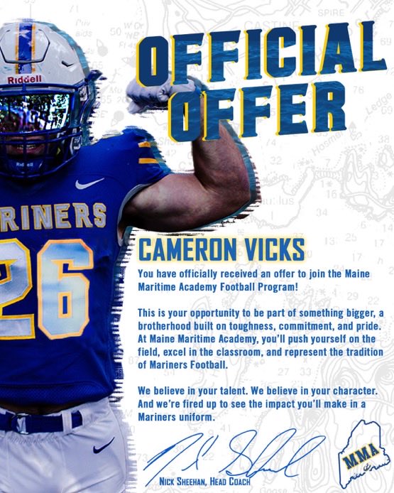 Cameron Vicks (@cam_vicks5) on Twitter photo After a great conversation with <a href="/CoachA1Anderson/">Arnell Anderson</a> I’m bless to receive my 5th offer from Maine Maritime Academy . <a href="/MMA_Football/">Maine Maritime FB</a> <a href="/RecruitGeorgia/">Recruit Georgia</a> <a href="/247recruiting/">247Sports Recruiting</a> #blessed #agtg After a great conversation with <a href="/CoachA1Anderson/">Arnell Anderson</a> I’m bless to receive my 5th offer from Maine Maritime Academy . <a href="/MMA_Football/">Maine Maritime FB</a> <a href="/RecruitGeorgia/">Recruit Georgia</a> <a href="/247recruiting/">247Sports Recruiting</a> #blessed #agtg