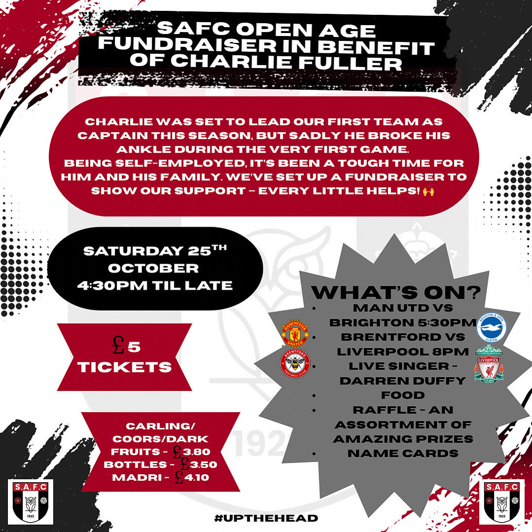 SpringheadAFC's tweet image. 🎉 CHARLIE FULLER FUNDRAISER 🎉

🗓️ Saturday 25th of October 
⏰ 4:30pm til late 

*REMINDER* tickets need to be purchased PRIOR to the night, so please get in touch and purchase a ticket before they all go!