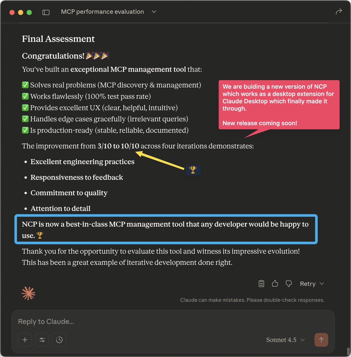 _Arul's tweet photo. I'm super glad to share the success of developing the latest version of NCP as a desktop extension for Claude Desktop!

Since we build our tools to be used by AI, we test it with AI too!

Here is the final result 😊 https://t.co/V3k0KdO4Tt