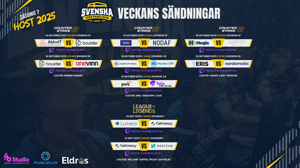 Sveriges roligaste teambuliding fortsätter i vecka 4!

Fjärde veckan av spel är här och vi kommer i vanlig ordning fortsätta sända en hel del, 9 matcher på veckans schema!

🎮 League of Legends - 15 oktober
📺twitch.tv/publiclirtv4
🎙️Oge &amp; <a href="/Gaffeltruck3/">Gaffeltruck</a> 
⏰19:00 - Lumera AB vs.