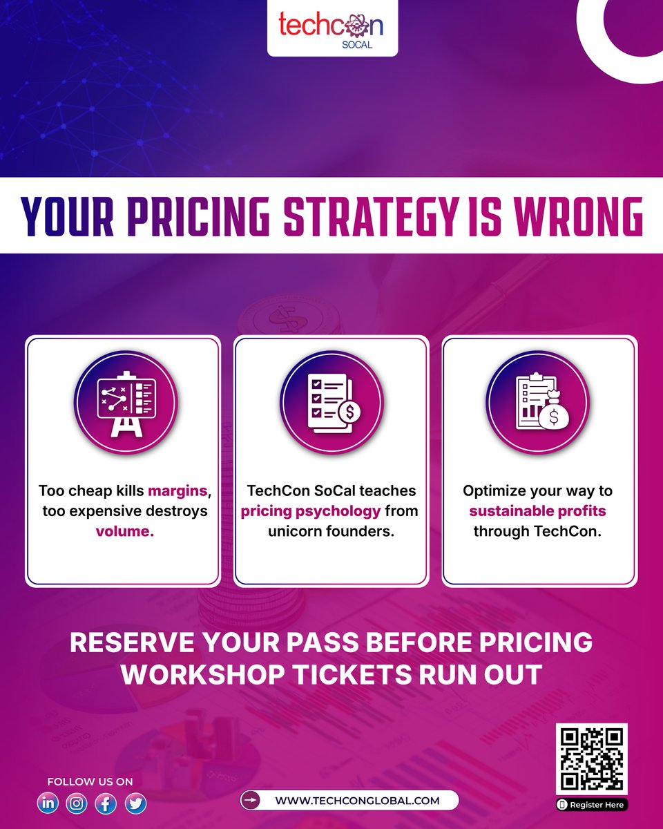 TechCon_Global's tweet image. 💸 Your pricing is off (and that’s okay). Learn frameworks, case studies & psychology that scale at TechCon SoCal 2026. 
📍 May 22–23 • San Diego State University
🎟️ Reserve before workshops fill: techconglobal.com 
#techconsocal #pricingstrategy #startupgrowth…