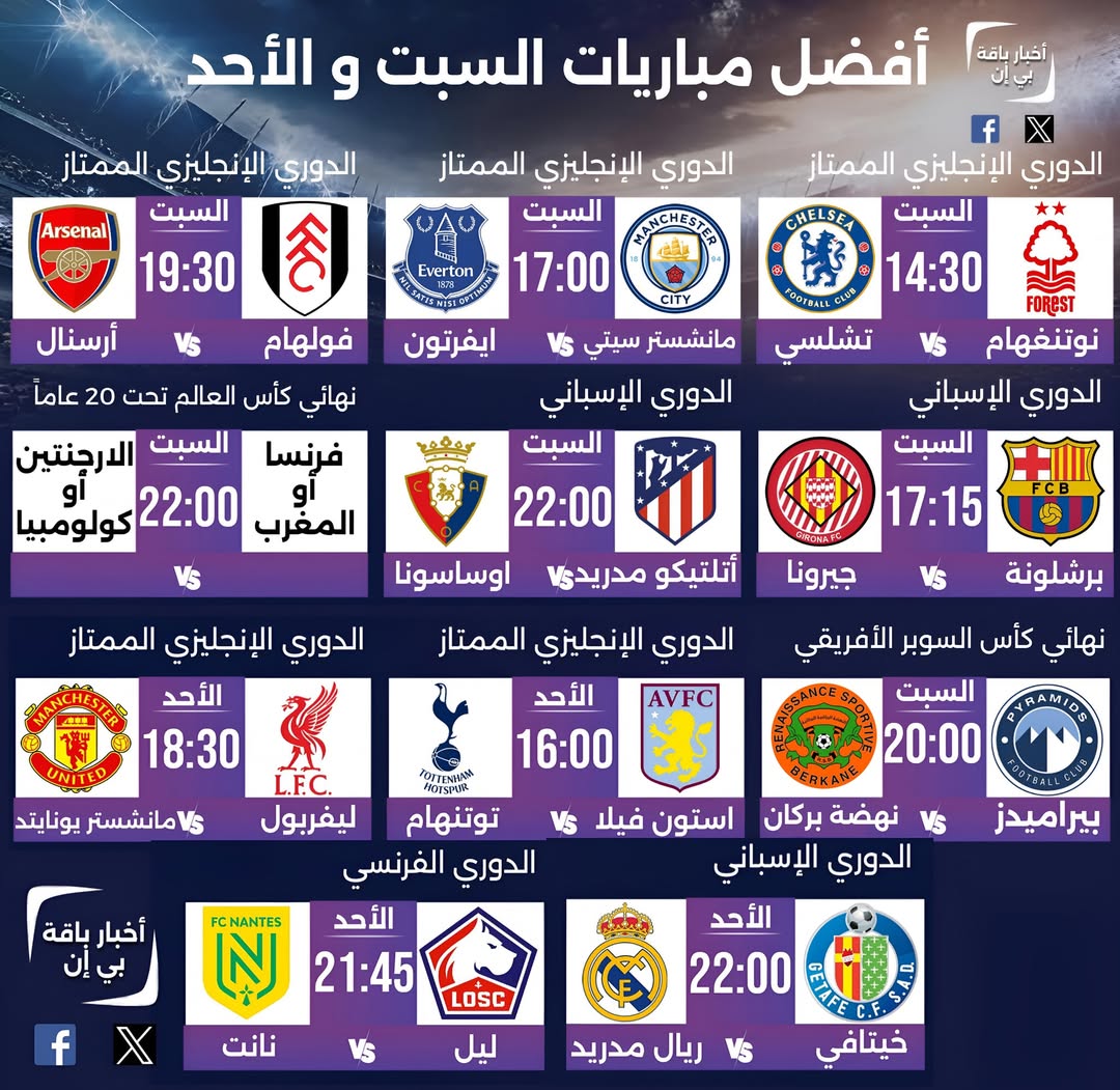 🔝 أفضل مباريات السبت و الأحد مباشرةً و حصرياً على قنوات بي إن سبورت