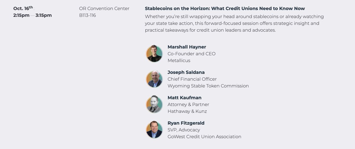 Tomorrow, Metallicus CEO <a href="/MarshallHayner/">Marshall Hayner</a> takes the stage with Joseph Saldana of <a href="/wyostable/">Wyoming Stable Token Commission</a>, Matt Kaufman of Hathaway &amp; Kunz, and Ryan Fitzgerald of <a href="/GoWestCUA/">GoWest Credit Union Association</a> 

The Panel:

"Stablecoins on the Horizon: What Credit Unions Need to Know Now"