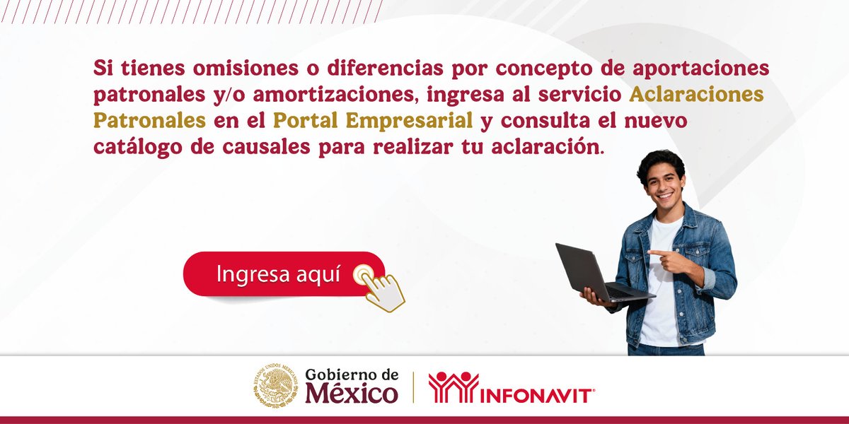 📌 Empresario, evita contratiempos.

Si presentas omisiones o diferencias en tus aportaciones patronales o amortizaciones, el <a href="/Infonavit/">Infonavit</a>  pone a tu disposición el servicio de 'Aclaraciones Patronales en el Portal Empresarial'.

bit.ly/3WiydgJ