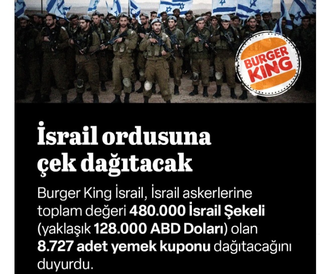 1rtyapilir's tweet photo. israil ordusunu besleyen Burger King, şimdi de değeri 128 bin dolar (4.855 milyon TL) olan yemek çekini, İsrail askerlerine ücretsiz dağıtacağını duyurdu
 boykot yapmak için başka ne gerekiyor

#MaaşımYetmedi #FreeTurkistan Fatih Ürek Can Holding https://t.co/5845qzSvr1