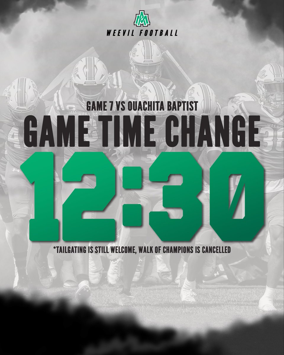 🚨GAME TIME UPDATE 🚨

Due to incoming weather, Saturday’s home game with Ouachita Baptist has been pushed up to 12:30 p.m.

Tailgating begins at 8:00 a.m. and the Walk of Champions is cancelled.

#EatEmUp