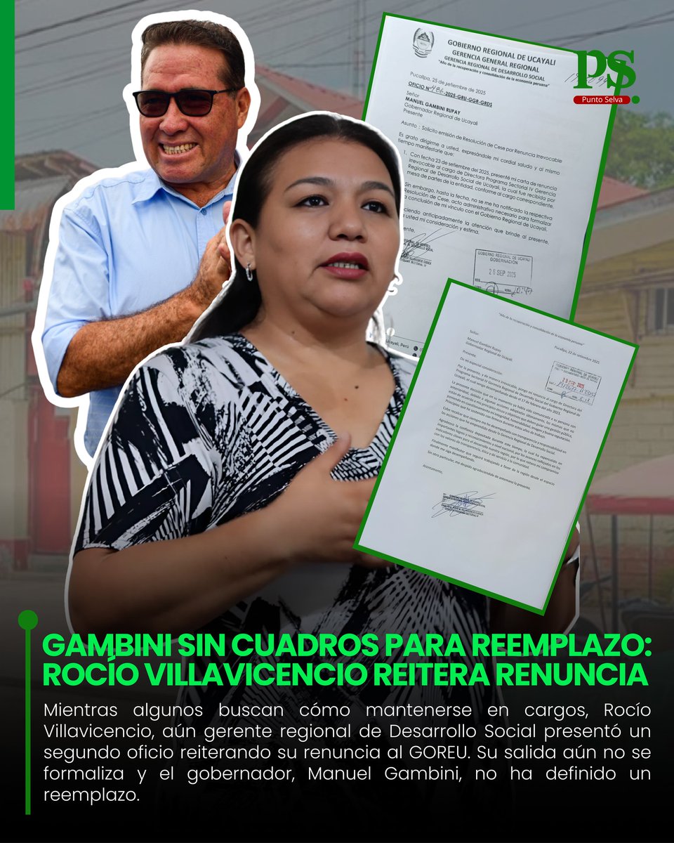 PuntoSelva's tweet photo. 📷 #Ucayali | La abogada y obstetra Rocío Villavicencio Cuenca reiteró el 25 de septiembre su pedido de cese irrevocable como responsable de la Gerencia Regional de Desarrollo Social, a través de un oficio dirigido al gobernador Manuel Gambini. https://t.co/BjvByCFOcY