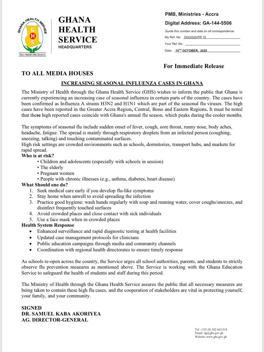 Let's all be aware of the seasonal influenza and do the needful.
Let's report to the nearest health facility when we identify any of these symptoms. 
<a href="/ghonetv/">GHOne TV</a> 
<a href="/JoyNewsOnTV/">JoyNews</a> 
<a href="/PulseGhana/">Pulse Ghana</a> 
<a href="/PSGhAshanti/">Pharmaceutical Society Of Ghana - Ashanti Region</a>