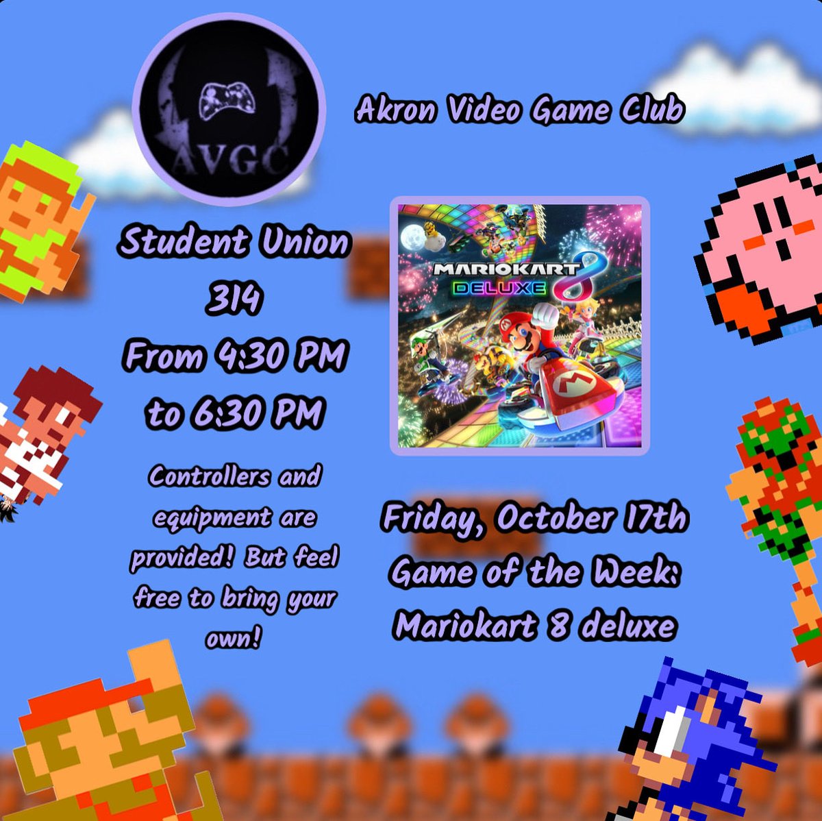 AkronClub's tweet photo. JOIN US this Friday October 17th to play some Mario kart 8 deluxe! ALSO we will have other games to play on the side as well! Come chill out and take a break from studying! https://t.co/3U29qN6yg1