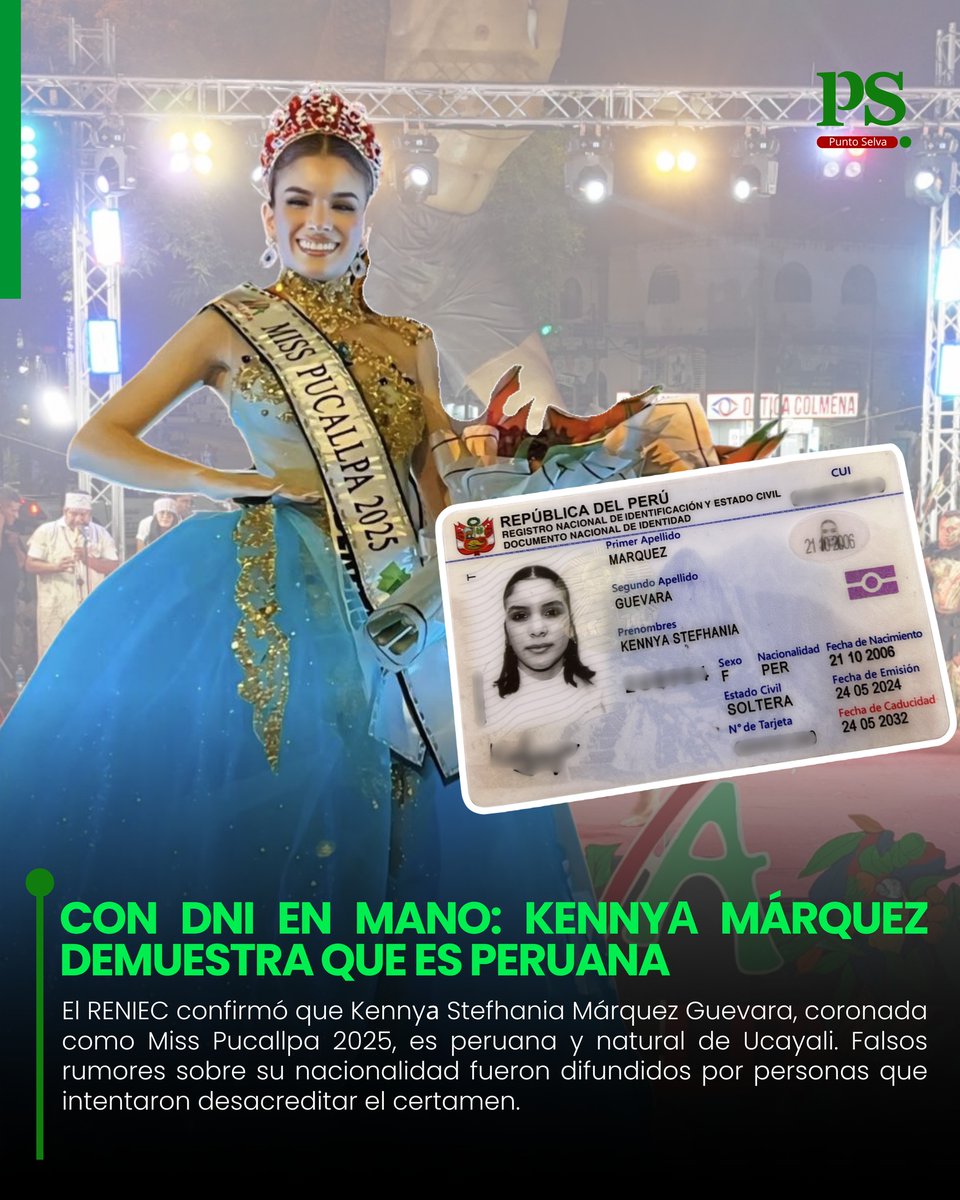 PuntoSelva's tweet photo. 📷 #Ucayali | El Registro Nacional de Identificación y Estado Civil (RENIEC) confirmó que Kennyа Stefhania Márquez Guevara, actual Miss Pucallpa 2025, nació en Perú, específicamente en la región Ucayali, el 21 de octubre de 2006. https://t.co/uWsw8m8H6R