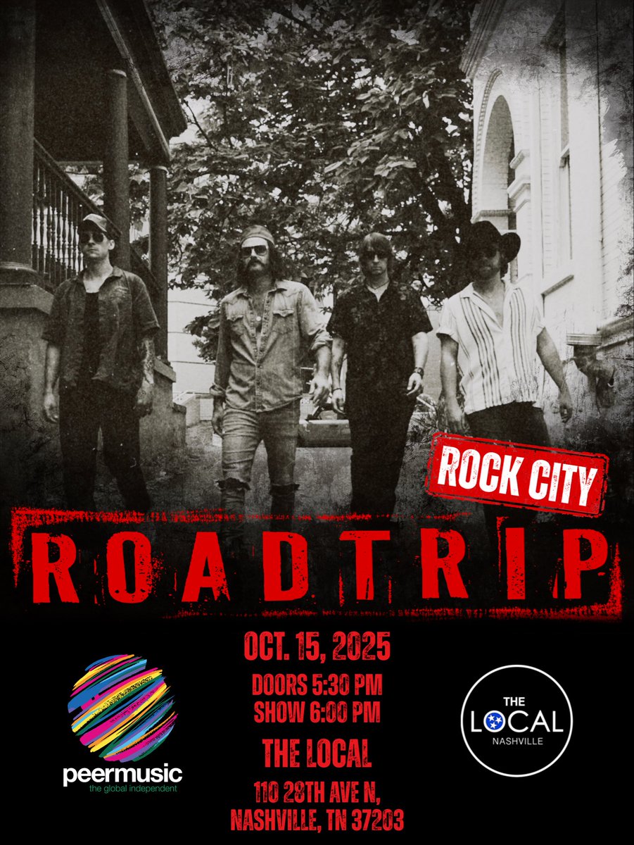 Tonight! ROADTRIP hits the <a href="/Thelocalnash/">The Local Nashville</a>! 🎶 Show starts at 6:00PM — see you there!

#ROADTRIP #peermusicnashville #thelocal #nashville #livemusic