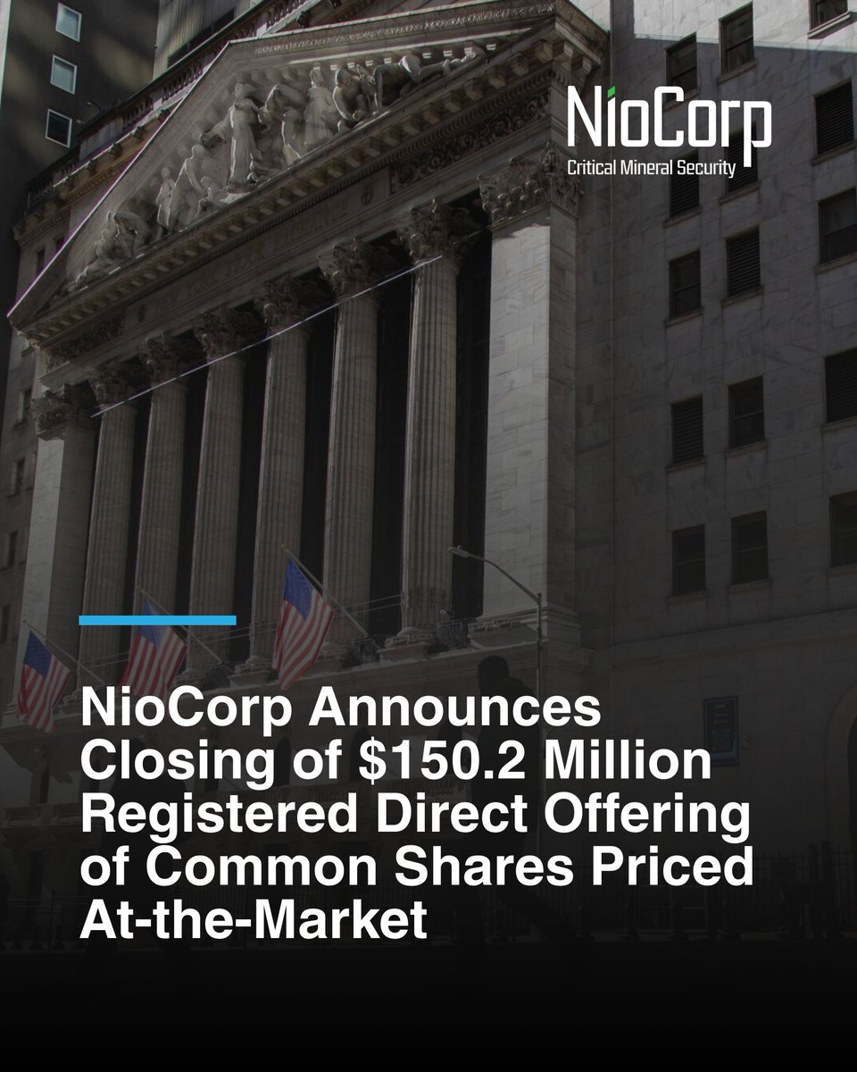 Today we closed our registered direct offering, priced ATM for gross  proceeds of ~$150.2M. Full release & disclaimers → https://t.co/Yym8OIhNVb  $NB #Niobium #Scandium #rareearth #neodymium #dysprosium #terbium  #ElkCreekProject