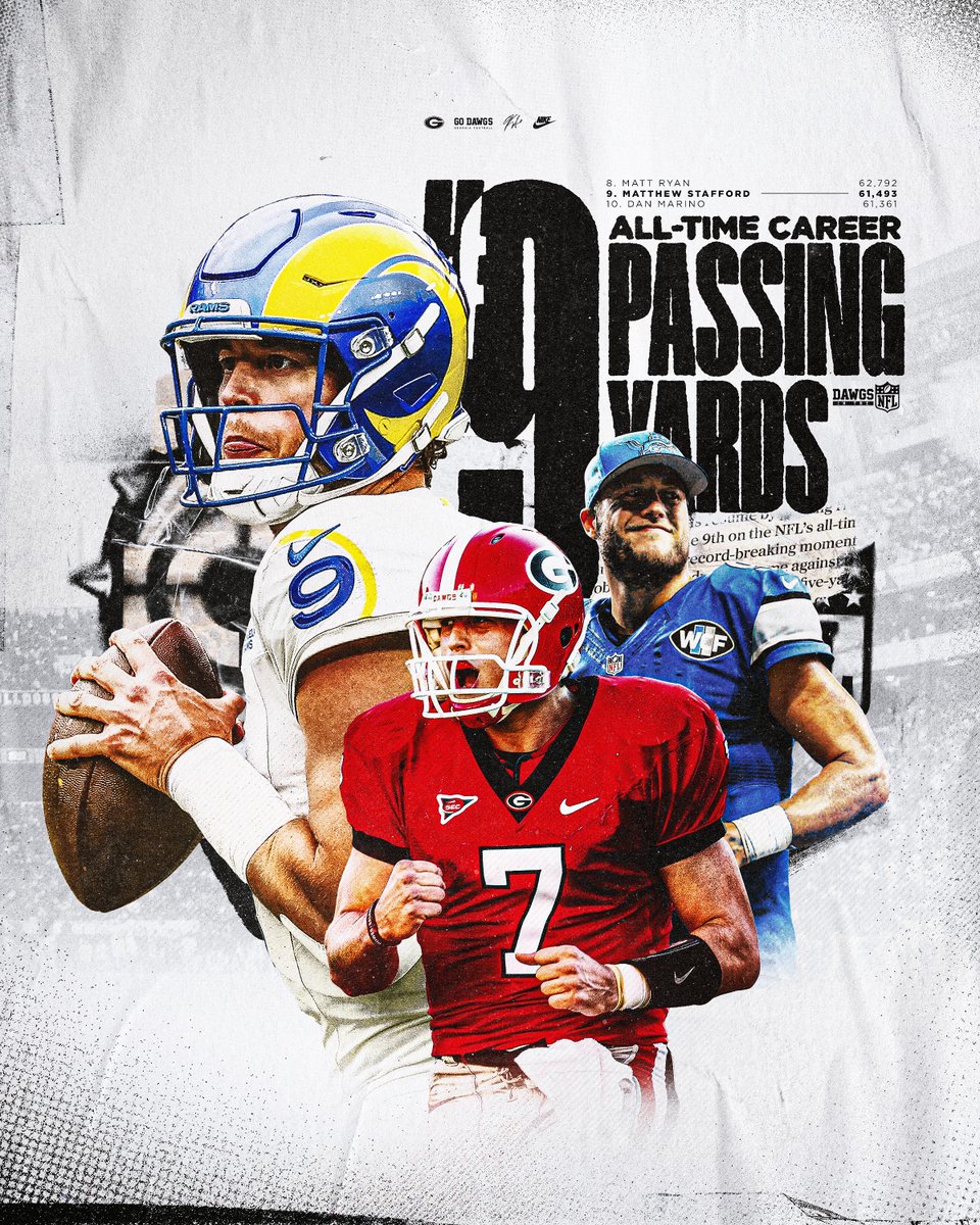 GeorgiaFootball's tweet photo. Congratulations to Matthew Stafford on moving into 9th All-Time in NFL Career Passing Yards! 

#GoDawgs | #DawgsInTheNFL https://t.co/A0OuFS00qd