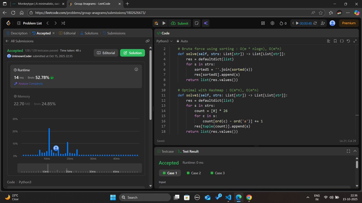 prveen_yadav_'s tweet image. Day-4 of #100DaysOfCode
Solved Problem : Group Anagrams - Leetcode-49
1. Brute force sorting - O(m * nlogn), O(m*n)
2. Using hash map - O(m*n), O(m*n)
#LeetCode #DSA #100daysofpractice #Development
#buildinginpublic