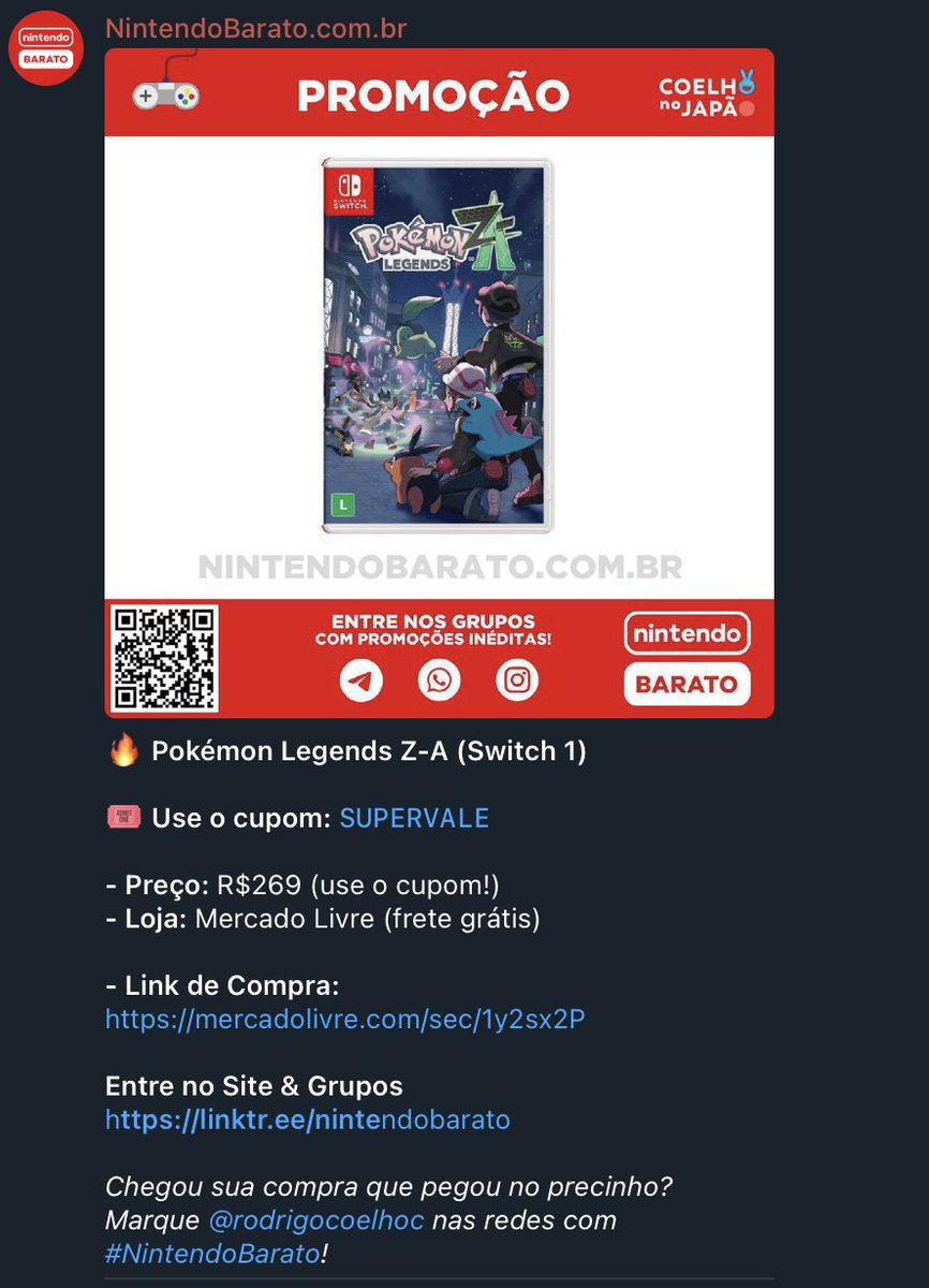 Por favor, não paguem 440 reais em pokémon Legends Z-A galera, NÃO DA MAIS pra não estar nos grupos do NintendoBarato.

Entre no Site &amp; Grupos
linktr.ee/nintendobarato