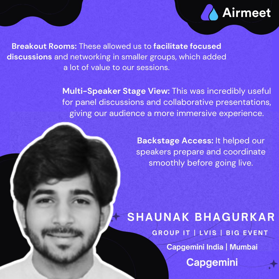 Airmeet's tweet image. Focused. Seamless. Impactful. 💡

Capgemini used Airmeet’s Breakout Rooms, Multi-Speaker View &amp;amp; Backstage Access to create engaging, smooth-flowing sessions.

#Airmeet #Capgemini #VirtualEvents #EventSuccess
