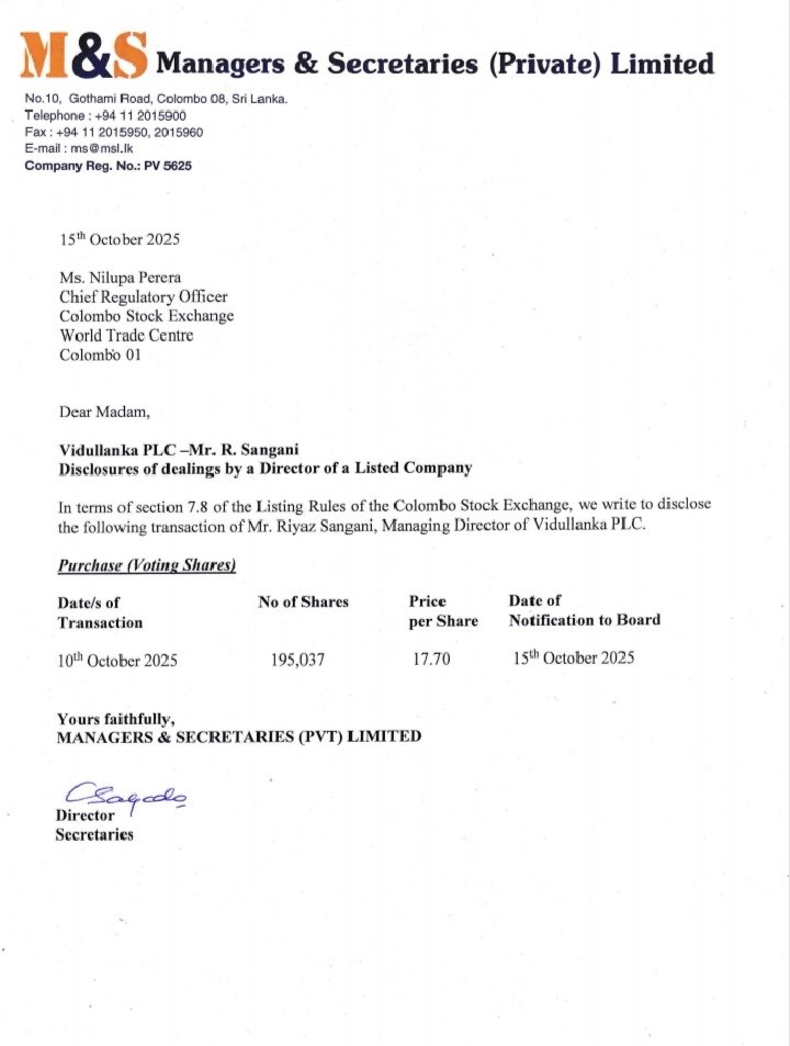 jawfer_ishaq's tweet image. 🚨 Insider Buying Alert!
Vidullanka PLC Director increases shareholding — showing strong confidence in the company’s growth outlook ⚡🌱

Renewable energy is gaining momentum in Sri Lanka 🔋
#VLL #Vidullanka #CSE #SriLankaStocks #RenewableEnergy #InsiderBuying #StockMarketLK