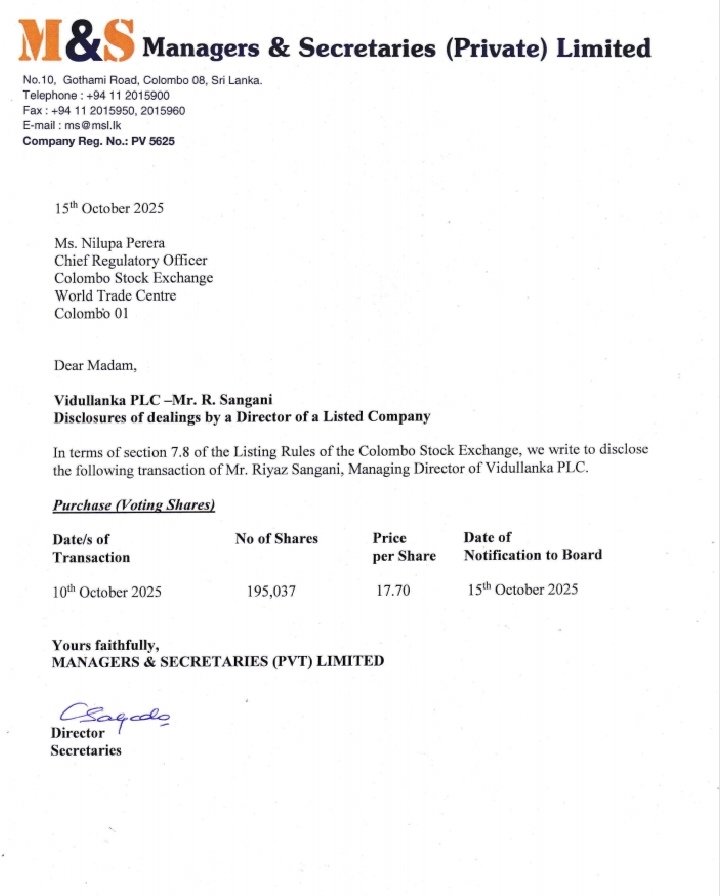 jawfer_ishaq's tweet image. 🚨 Insider Buying Alert!
Vidullanka PLC Director increases shareholding — showing strong confidence in the company’s growth outlook ⚡🌱

Renewable energy is gaining momentum in Sri Lanka 🔋
#VLL #Vidullanka #CSE #SriLankaStocks #RenewableEnergy #InsiderBuying #StockMarketLK