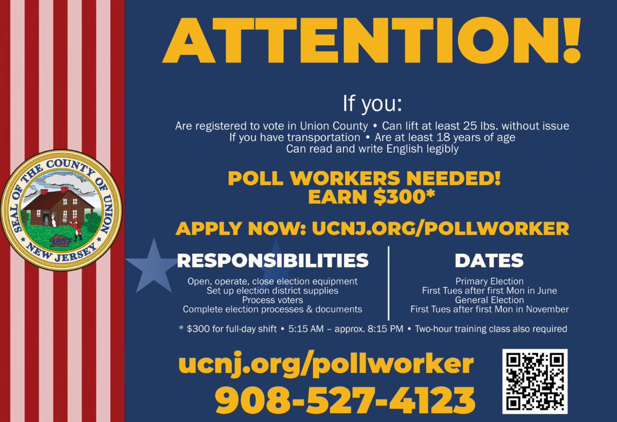 We need YOU! Union County is urgently seeking Republican and Bilingual Poll Workers this election day! 

APPLY NOW: ucnj.org/pollworker 
Questions? Call the Board of Elections at 908-527-4236.