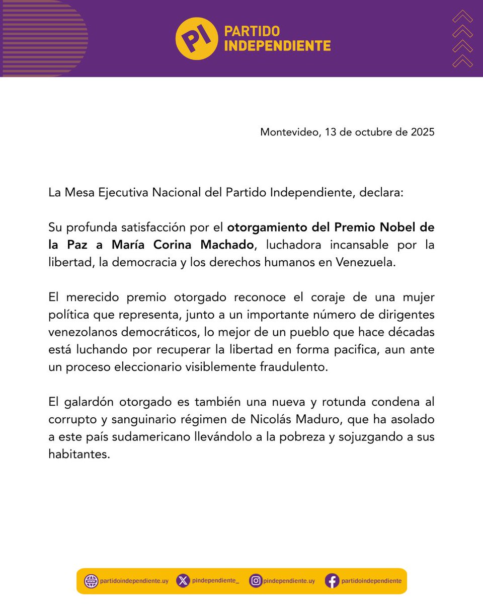 pindependiente_'s tweet photo. 🟣El Partido Independiente celebra la distinción del Premio Nobel de la Paz a @MariaCorinaYA, símbolo de la lucha pacífica por la libertad, la democracia y los derechos humanos en Venezuela.

Un reconocimiento que reafirma la condena al régimen de Nicolás Maduro. https://t.co/N2DBfhJKIM