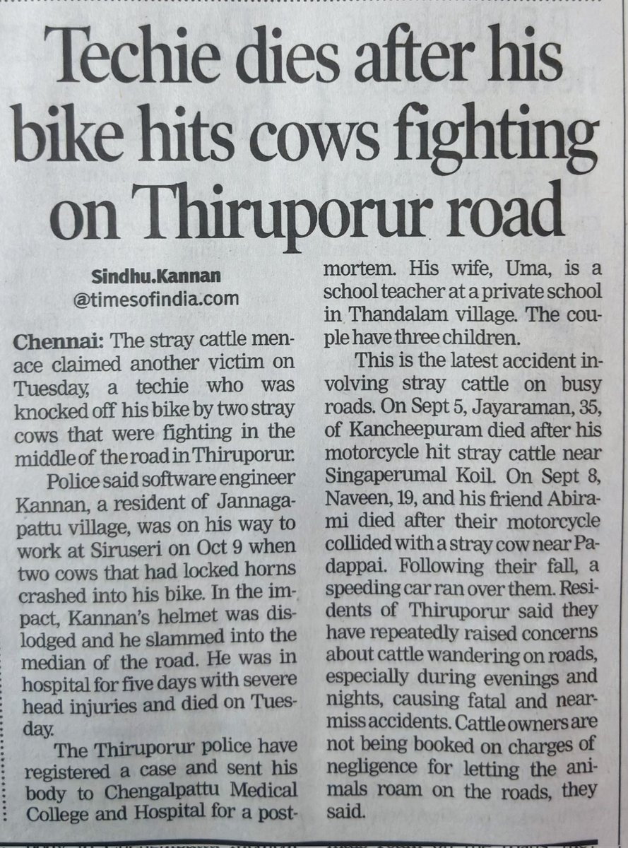 #OMR Techie died after his bike hits Cows Fighting !