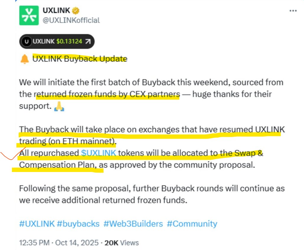 유엑스링크 바이백 계획 발표 유엑스링크가 공식적으로 바이백 계획을 발표 하였습니다. 거래소들에게서 동결 된 유엑스링크  @UXLINKofficial 를 돌려받은 후 이를 이더리움 메인넷 스왑 그리고 보상에 사용 될 것이라고 합니다. 일시적으로 그치지 않고  지속적인