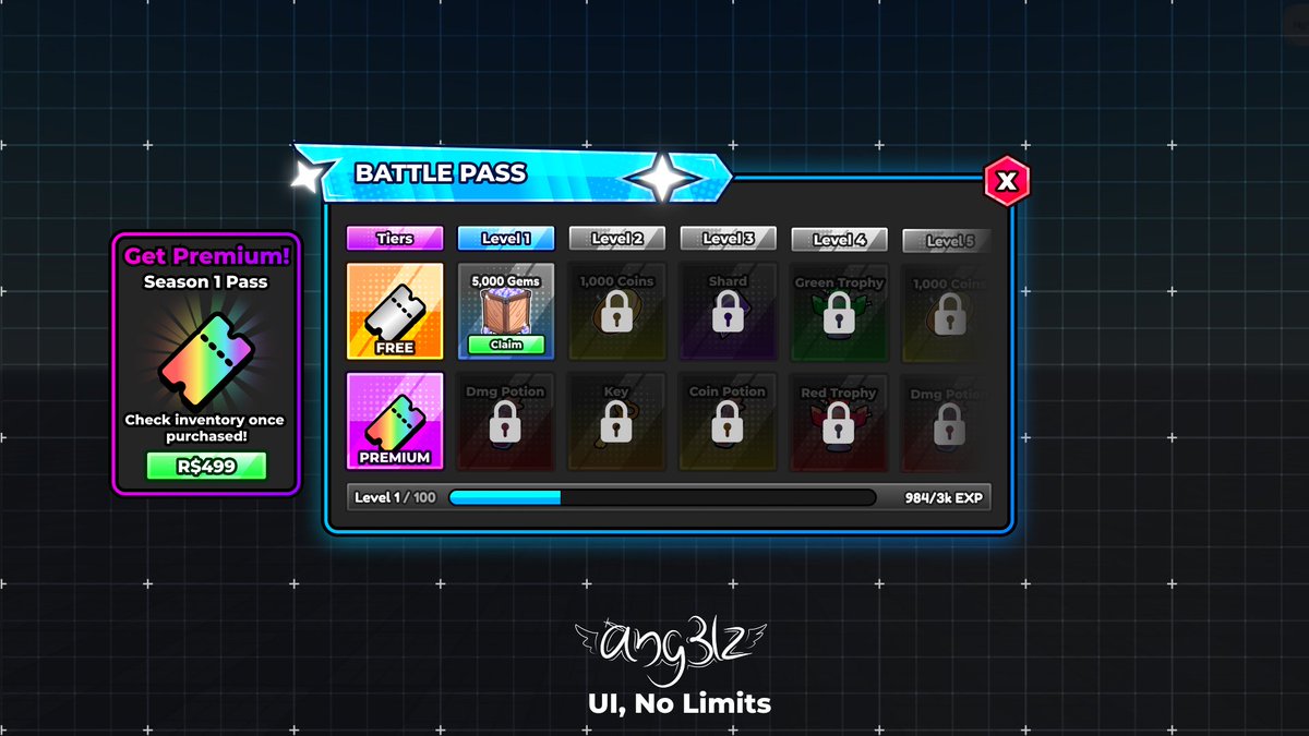 Ang3lzUI's tweet image. Anime Battle Pass UI 🔵
 
♥️ + 🔃

#UIDesign / #ROBLOX / #RobloxDev / #RobloxUI / #uiuxdesign / #UI / #anime / #gamedev /
