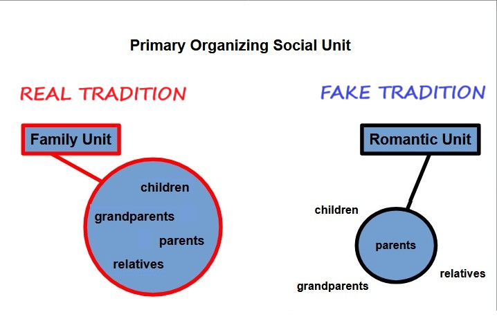 The Question is what led to the development of today's fake romantic family from the traditional family unit ?

Modern Gynocentrism?
Nuclear family?
Feminism?