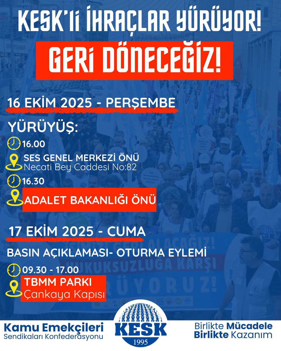 #KESKliİhraçlarYürüyor ANKARA Programı

16 Ekim Perşembe
Yürüyüş - 16.00, SES Genel Merkezi -
Basın Açıklaması - 16.30 Adalet Bakanlığı önü -

17 Ekim Cuma
Basın Açıklaması - Oturma Eylemi - 09.30-17.00
TBMM PARKI (Çankaya kapı)