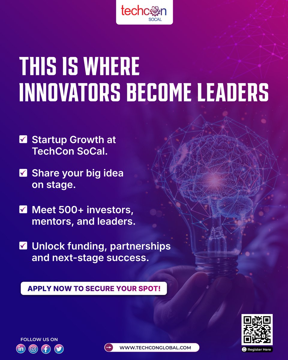 TechCon_Global's tweet image. This is where innovators become leaders 🌟 Share your idea, meet 500+ investors/mentors, and unlock funding & partnerships at TechCon SoCal. 
📍 May 22–23 • San Diego State University. 
🎟️ Apply now: techconglobal.com 
#techconsocal #founders #investors #techconglobal