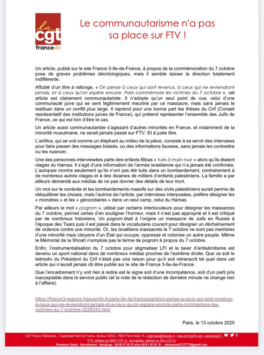 quatremer's tweet image. Il serait dommage de passer à côte de ce communiqué de la CGT de @FranceTV : consacrer un article au pogrom du 7/10, c’est trop pour ces « journalistes »…