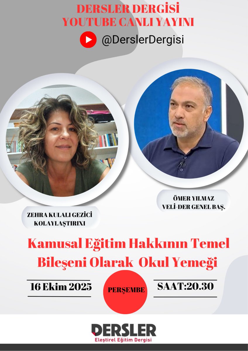 16 Ekim Dünya Gıda Günü'nde Dersler  Dergisi Youtube canlı yayınında "Kamusal Eğitim Hakkının Temel Bileşeni Olarak Okul Yemeği" programında Genel başkanımız Ömer Yılmaz  ücretsiz okul yemeği talebimizi  konuşacak. 
#OkulYemeği #16EkimDünyaGıdaGünü #derslerdergisi